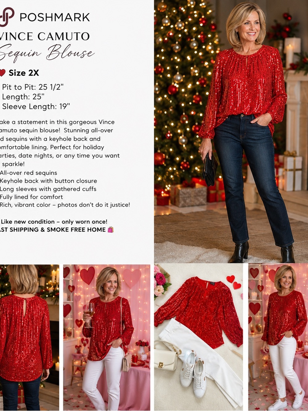 Vince Camuto 2X Red Sequin Holiday‎ Blouse Sparkle Party Christmas Top